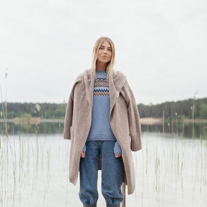Cozy Long Wool Cardigan with Hoodie and Belt Closure, Super Long Women Cardigan With Hoodie, Long Knitted Jacket with Belt / IEVA