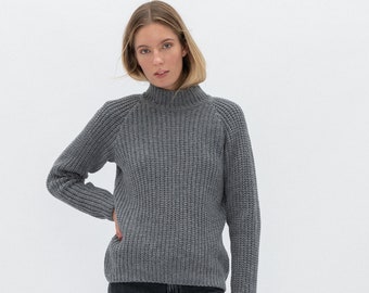 Loose fit knitted merino turtleneck, Autumn cashmere wool sweater, Grey women's woolen pullover, Hand knit warm jumper SIMPLE / natural grey