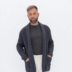 Handmade Cardigan for Men, Dark Gray Color Open Front Sweater in Scandinavian Style, Pure Merino Wool Cardigan for Dad BENJAMIN image 1