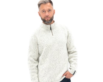 Natural Wool Sweater for Men, Super Soft Handknitted Woolen Top with Zip in Light Melange Color, Handmade in Europe AMADEUS