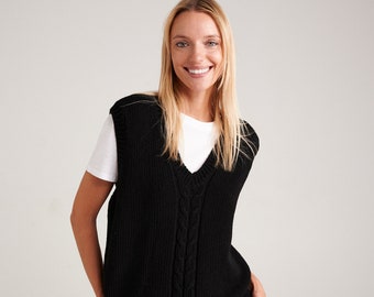 Black cashmere merino sweater vest, Knitted cashmere wool vest, Women's woolen pullover vest top, Sleeveless vintage merino knit vest ANNE