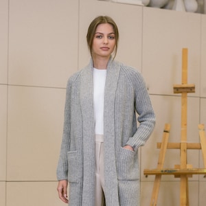 Long Merino Cashmere Wool Cardigan, Organic Skin Soft Sweater for Women, Plus Size Open Front Merino Cardigan RIVER / natural gray