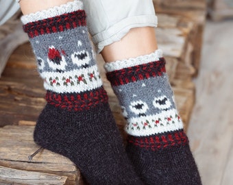 Vintage Black Boots Socks, Scandinavian Hygge Hand Knitted Wool Socks, Unisex Woolen Socks, Gray Natural Wool Boots Socks