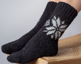 Ready to Ship Scandinavian style knitted socks, Natural wool hand knitted winter socks, Unisex soft long socks in black