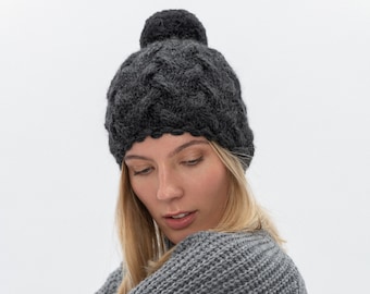 Women's Wool Hat With Pom In Dark Charcoal Grey Color, Natural Wool Warm Braided Beanie