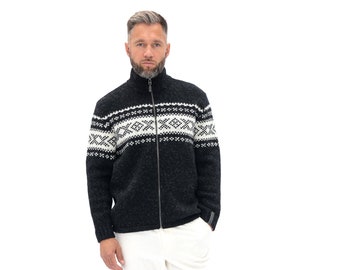 Black Natural Wool Sweater for Men, Handknitted Woolen Top with Full Zip and Scandinavian Style Ornaments, Soft Sweater for Him / HANS