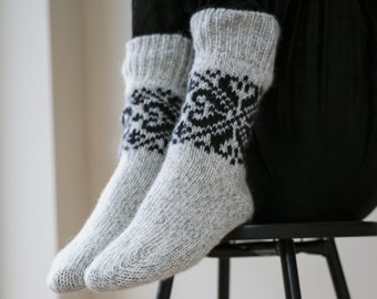 Ready to Ship Unisex Natural Wool Socks, Knitted Boots Socks, Woolen Scandinavian Socks with Ornaments, Christmas Gift idea