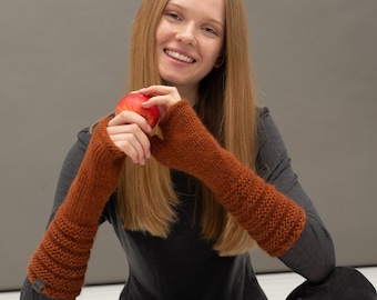 Terracotta Hand Knitted Mittens, Warm Arm Warmers, Natural Wool Yarns Fingerless Mittens for Women