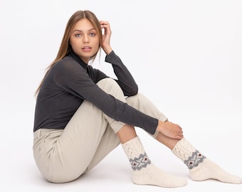 Hygge Socks, Skin Friendly Organic Wool Socks, Womens Winter Knitted Socks, Itchy Free Natural White Wool Socks