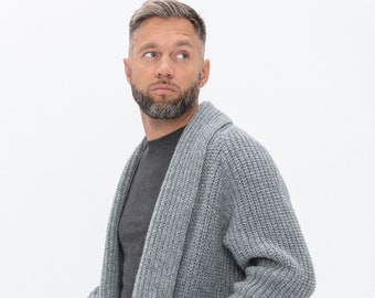 Cardigan gris naturel en laine mérinos pour homme, pull pour homme de style scandinave, cardigan tricoté avec poches BENJAMIN