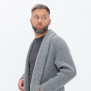 Merino Wool Natural Gray Cardigan for Men, Scandinavian Style Mens Sweater, Knitted Cardigan with Pockets BENJAMIN