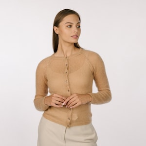 Leichte Netz-Mohair-Strickjacke, Klassischer Netz-Pullover, SuperKid Mohair Leichter Pullover, Mohair-Pullover, Minimalistischer Abend-Stil / JASMINE