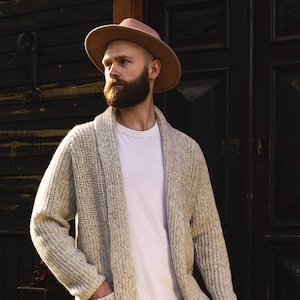 Soft Merino Wool Men's Cardigan, Hand Knitted Woolen Sweater, Open Front Cardigan for Man in Light Melange BENJAMIN