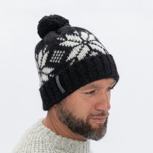 Unisex Black Traditional Scandinavian Style Hand Knitted Wool Cap With Bobble, Warm Winter Beanie Hat for Christmas