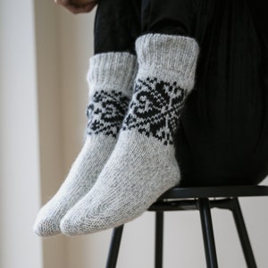 Hygge Wool Socks, Knitted Boots Socks, Woolen Scandinavian Socks with Ornaments, Christmas Gift idea