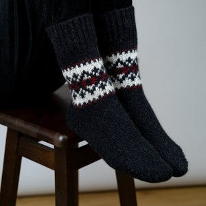 Ready to Ship Knitted Warm Winter Socks, Hand Knitted Scandinavian Style Boots Socks, Handgestrickte Socken Woolen Socks for Christmas Gift black / red