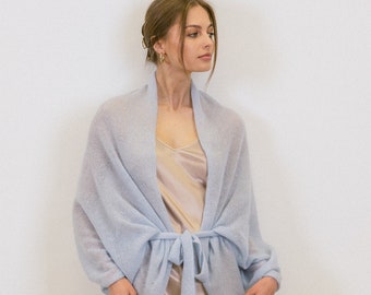 Cape châle en mohair de mariage, robe cache-épaules, cape châle en mohair gris, cardigan d'été léger avec ceinture, écharpe de mariage en mohair / CHARLOTTE