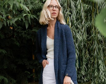 Oversized Merino Cardigan, Knitted Long Cashmere Sweater, Scandinavian Soft Woolen Sweater with Pockets RIVER / navy blue