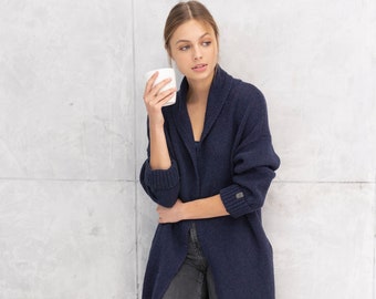 Minimalist Merino Cardigan, Knitted Oversized Sweater, Cashmere Wool Coat, Woolen Classic Cardigan RICO / dark blue