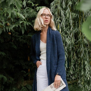 Oversized Merino Cardigan, Knitted Long Cashmere Sweater, Scandinavian Soft Woolen Sweater with Pockets RIVER / navy blue