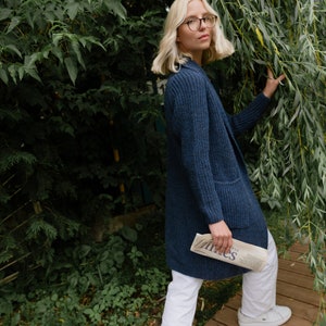 Oversized Merino Cardigan, Knitted Long Cashmere Sweater, Scandinavian Soft Woolen Sweater with Pockets RIVER / navy blue image 2