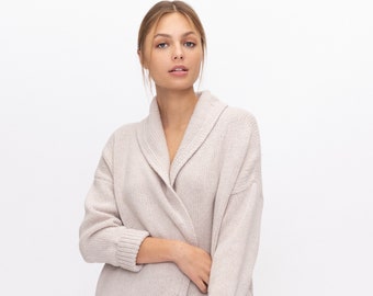 Hand Knit Merino and Cashmere Wool Cardigan, Long Merino Coat, Warm Organic Wool Jacket RICO / silver