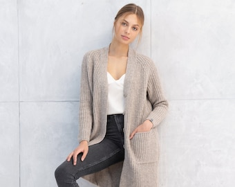 Cardigan long en laine mérinos, cardigan doux classique en cachemire pour femmes, pull en tricot boutonné IDAHO / argent