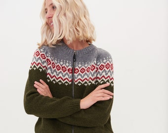 Green Vintage Woolen Sweater, Zipped Knitted Merino Jumper, Nordic Style Warm Womens Sweater / LEJA