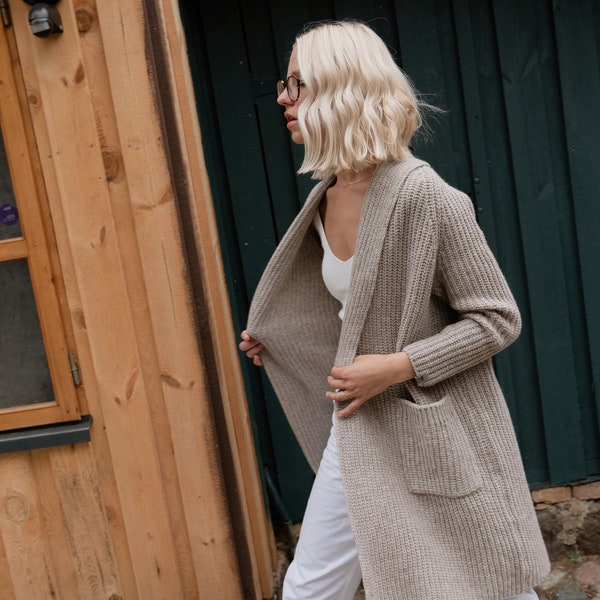 Cárdigan de lana merino para mujer, suéter de cachemira, abrigo largo de lana orgánica con bolsillos, chaqueta merino holgada RIVER