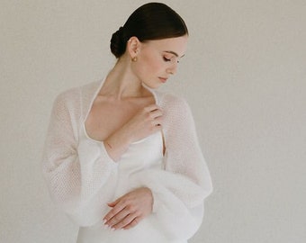 White Wedding Bolero Shrug, Bridal Cover Up, Hand Knitted Soft Superkid Mohair Shrug, Wedding Mohair Knitted Shrug / ELIZABETH