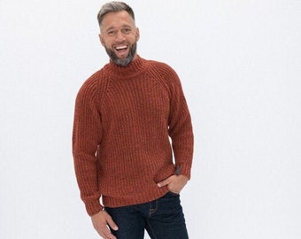 Organic Merino Wool Turtleneck Pullover for Man, Warm Itchy Free Sweater in Stylish Terracotta, Hand Knitted Men's top VINCENT