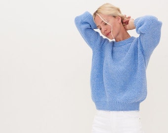 Organic Merino and Cashmere Wool Sweater, Knitted Pullover, Women's Blue Loose Top MAGMA / sky blue