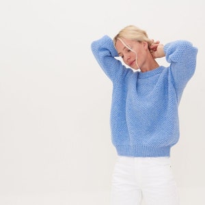 Organic Merino and Cashmere Wool Sweater, Knitted Pullover, Women's Blue Loose Top MAGMA / sky blue