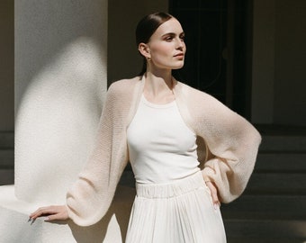 Châle boléro de mariée, haussement d'épaules de mariage en mohair, pull de mariée léger ouvert sur le devant, haussement d'épaules tricoté en mohair doux de mariage / ELIZABETH