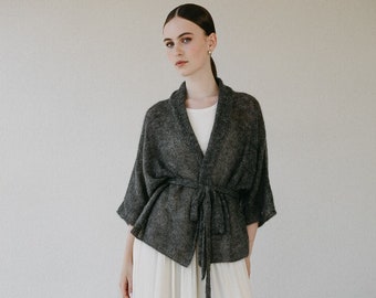 Women Casual Mohair Cardigan, Thin Knit Cardigan, Wedding Cardigan with Belt, Elegant Mohair Sweater, Gray Mohair Summer Jacket/ ISABELLA