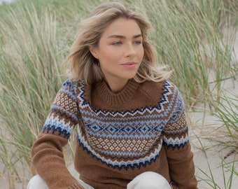 Fair Isle Cashmere Pullover, Brown Merino wool nordic jumper, Women scandinavian style warm sweater, Natural wool knitted pullover WIND