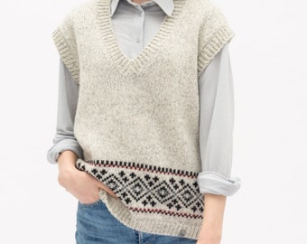 Damesvest van natuurlijk wol, gebreid mouwloos vest in Scandinavische stijl, wollen hygge-vest, wollen truivest EMILY