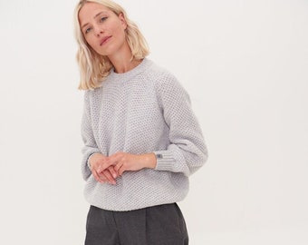 Hand Knit Cashmere Sweater, Loose Knit Sweater, Knitted Womens Woolen Jumper, Merino Wool Pullover MAGMA / silver