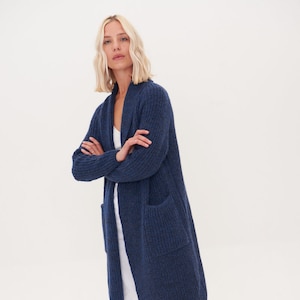 Oversized Merino Cardigan, Knitted Long Cashmere Sweater, Scandinavian Soft Woolen Sweater with Pockets RIVER / navy blue Navy blue