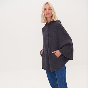 Plus Size Womens Merino Poncho, Woolen Poncho with Hoodie, Knitted Gray Warm Poncho DROP / graphite
