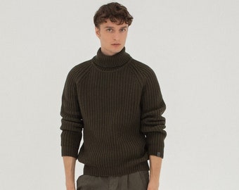 Suéter de lana para hombre, cuello alto de pura lana merino, suéter de punto cálido para hombre, jersey escandinavo de lana suave tejido a mano para hombre.