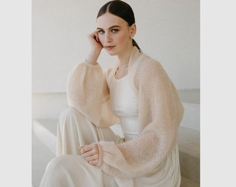 Boléro de mariée confortable en mohair, haussement d'épaules de mariage en mohair, pull de mariée léger ouvert sur le devant, haussement d'épaules de mariage en mohair doux / ELIZABETH