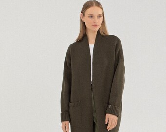 Strickjacke damen, Hand knit cashmere cardigan, Soft natural merino wool jacket, Women long cardigan,Khaki woolen autumn coat RIVIERA /khaki