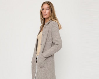 Super Long White Women's Cardigan Sweater With Hoodie, Button Closure and Pockets Infront NIDA