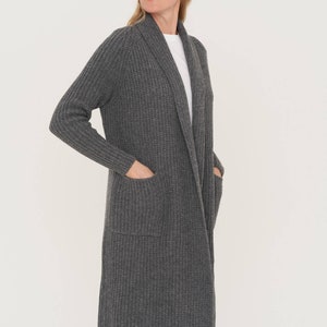 Long Organic Merino and Cashmere Cardigan, Warm Wool Coat, Thick Woolen Jacket OREGON Dark grey