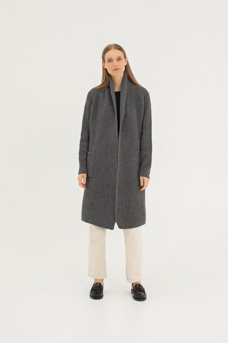Soft Organic Merino Wool Cardigan with Pockets, Cashmere Long Wool Jacket for Women, RIVER / dark grey image 2