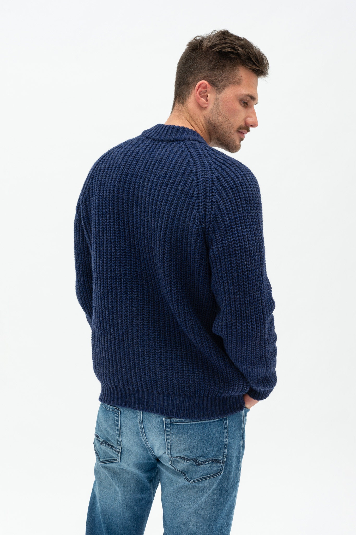 Mens Merino Wool Crew Neck Sweater, Knitted Woolen Pullover Top