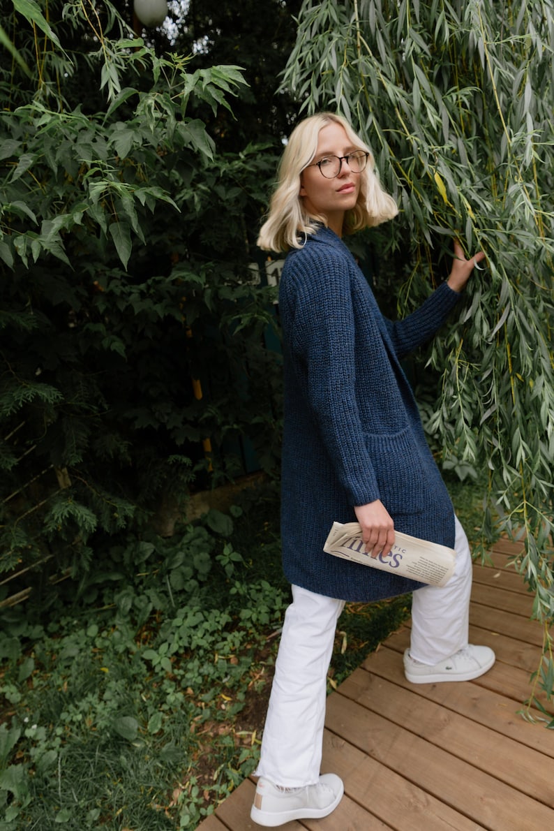 Oversized Merino Cardigan, Knitted Long Cashmere Sweater, Scandinavian Soft Woolen Sweater with Pockets RIVER / navy blue image 2