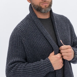 Handmade Cardigan for Men, Dark Gray Color Open Front Sweater in Scandinavian Style, Pure Merino Wool Cardigan for Dad BENJAMIN Graphite