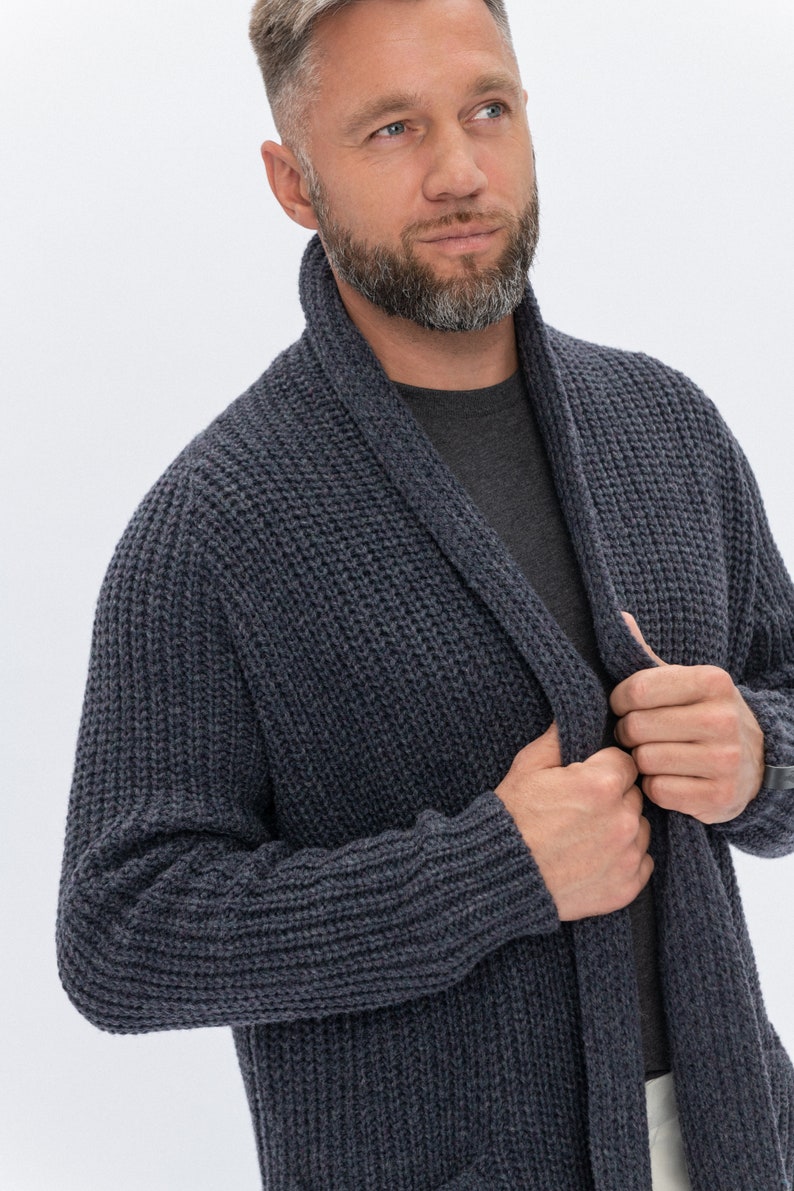 Handmade Cardigan for Men, Dark Gray Color Open Front Sweater in Scandinavian Style, Pure Merino Wool Cardigan for Dad BENJAMIN Graphite